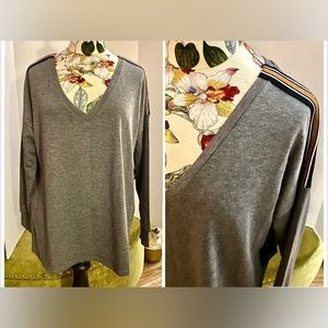 Tresics Gray V-Neck Tunic with Black and Brown Stripes